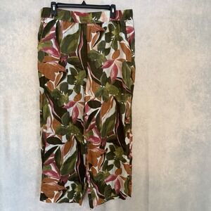 Tahari 100% Linen Wide Leg Pants XL Tropical Botanical Print Beachy Vacation